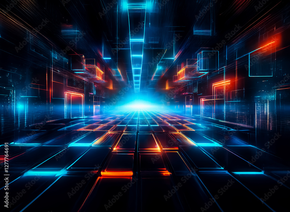 Aufkleber futuristic digital space with glowing blue and orange rectangles receding into the distance, creatin