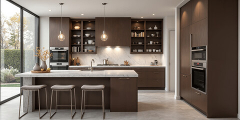 Mocha Musse-toned accent cabinetry in a contemporary kitchen, with sleek, smooth doors and minimal hardware. The cabinets contrast beautifully