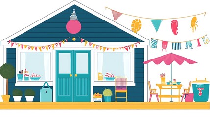 Festive Beach House Exterior with Patio Decor.