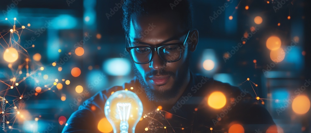Poster Advanced network technology for business solutions, man with lightbulb and smartphone, surrounded by laptops and interconnected computer networks