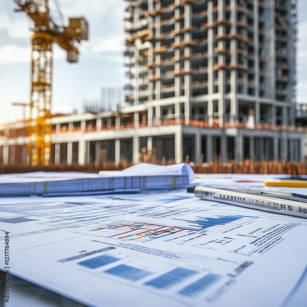 Poster generate a photo realistic image of a construction project featuring a detailed budget report with f