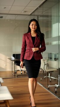 Confident businesswoman with red macleod tartan blazer walking through a modern office space with sunlight streaming in