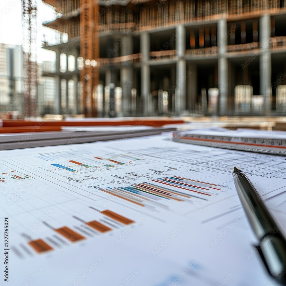 Poster Generate a photo realistic image of a construction project featuring financial overview charts and budget planning tools; ensure the image is of high resolution for