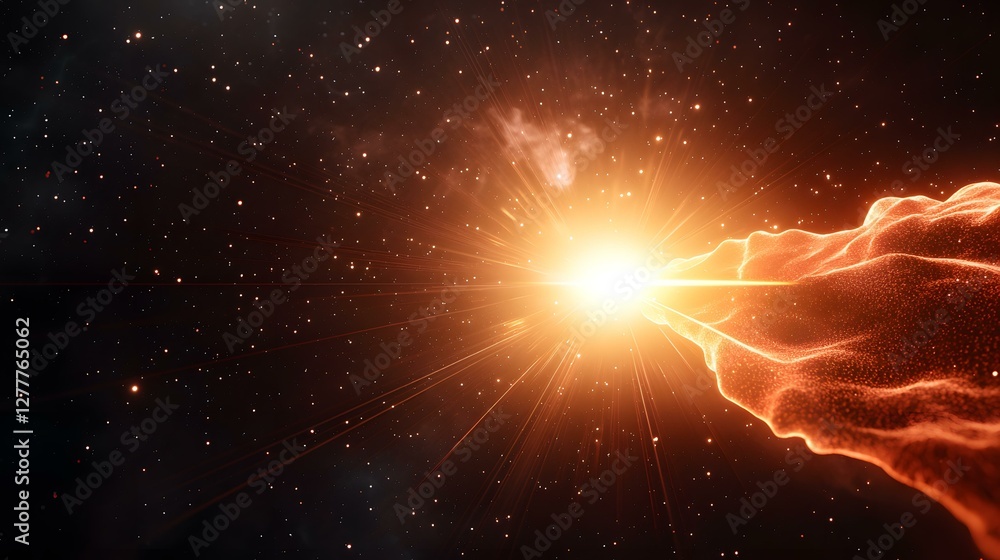 Poster the image depicts a bright, radiant light source seemingly emanating from within a fiery, orange, pa