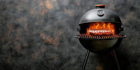 Charcoal grill with flaming steak. Barbecue fire, tasty meat. Juicy steak with smoke and flames. Dark background, gourmet culinary style, ideal for mockup or template use.