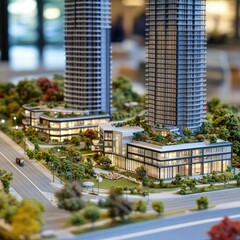 Generate a photo realistic image of a maquette depicting a mixed-use development with residential towers, commercial spaces, and recreational amenities; ensure the