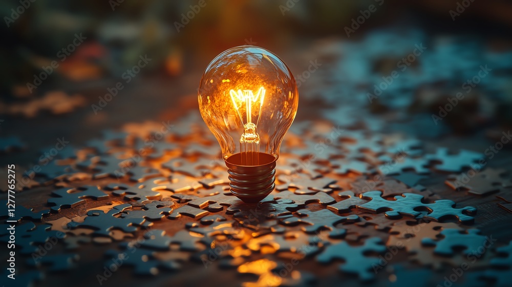 Poster brainstorming and idea generation with a light bulb drawn on a puzzle, puzzle pieces on a wooden des