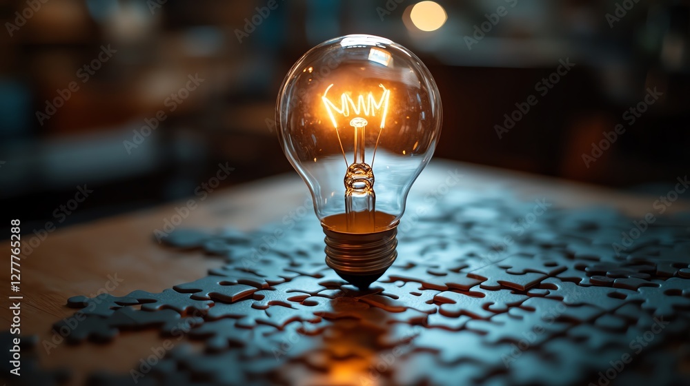 Poster brainstorming and idea generation with a light bulb drawn on a puzzle, puzzle pieces on a wooden des