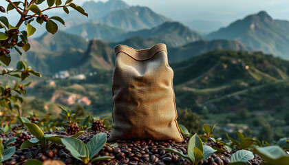 Ultra-realistic cinematic photo of an open coffee bean sack, shot from a worm's-eye view with a coffee plantation and mountains in the background.