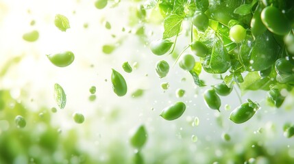 Fototapeta premium Fresh green peas falling, vibrant background, healthy food concept