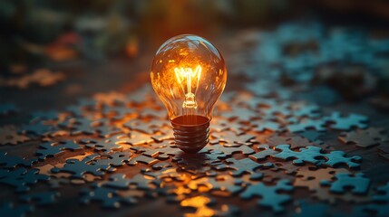 Brainstorming and idea generation with a light bulb drawn on a puzzle, puzzle pieces on a wooden desk, illustrating the process of innovation