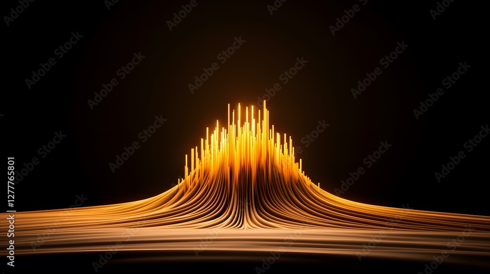 Poster the image shows a 3d rendering of a golden, abstract structure resembling a stylized mountain or cit