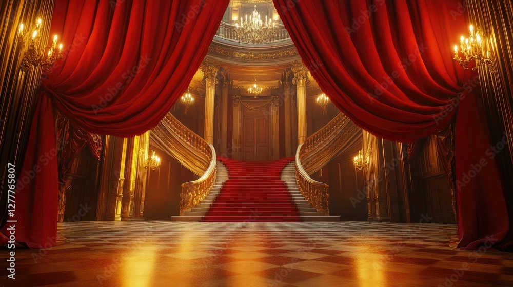Poster red curtains drape the scene with a grand staircase in the background, lit with soft light effects, 