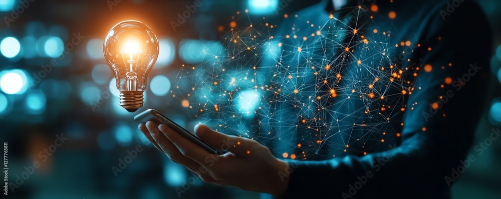 Poster Business network technology visualized with a man holding a lightbulb and smartphone, laptops, and a dynamic computer network representing innovation