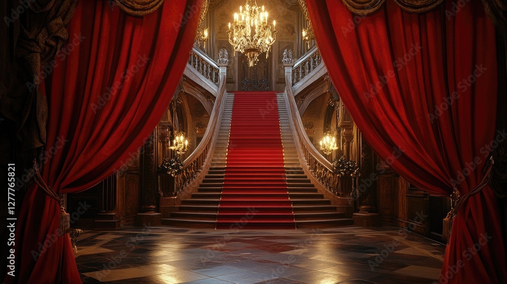 Poster red curtains drape the scene with a grand staircase in the background, lit with soft light effects, 