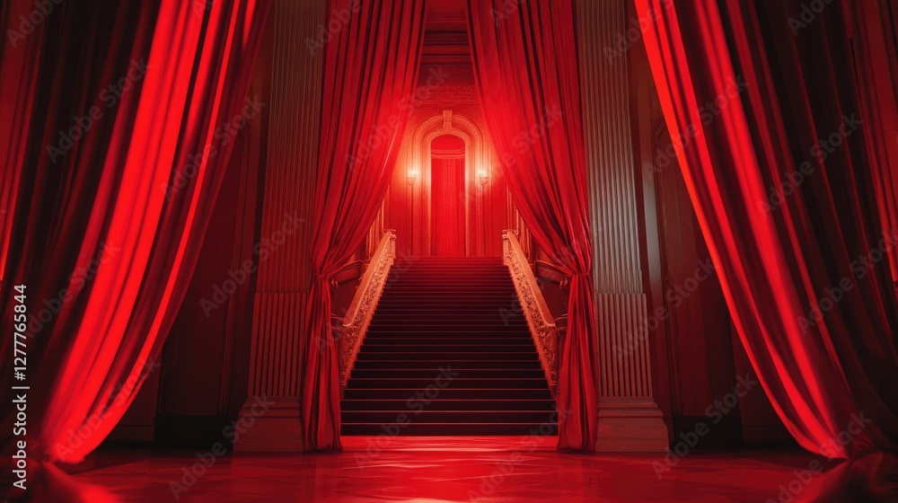 Poster red curtains drape the scene with a grand staircase in the background, lit with soft light effects, 