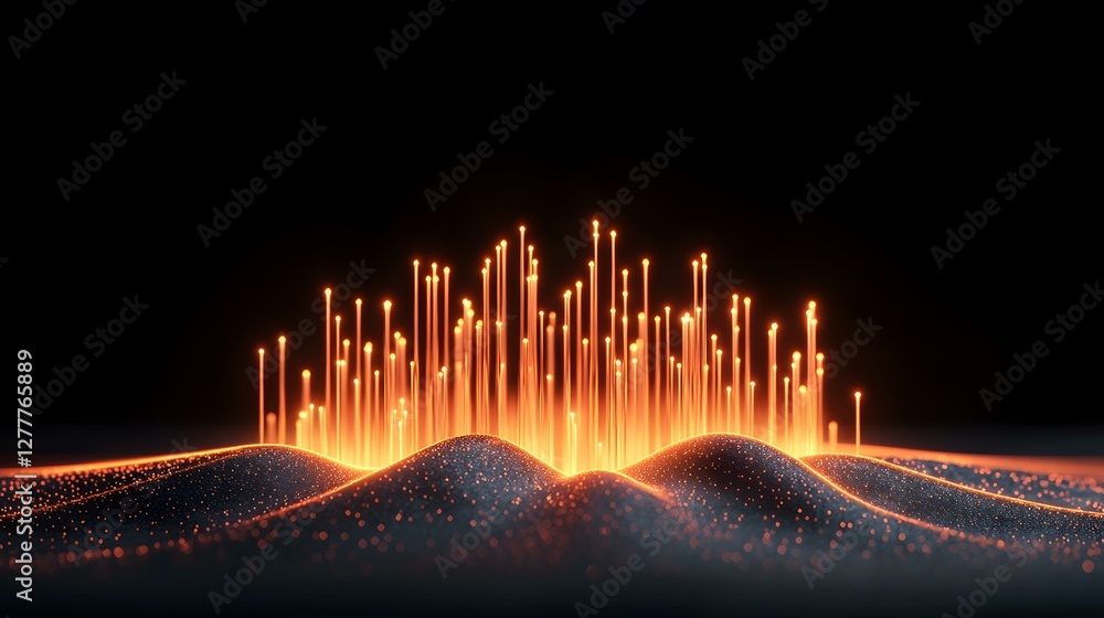 Poster the image shows a dark, undulating landscape with numerous glowing orange vertical lines rising from