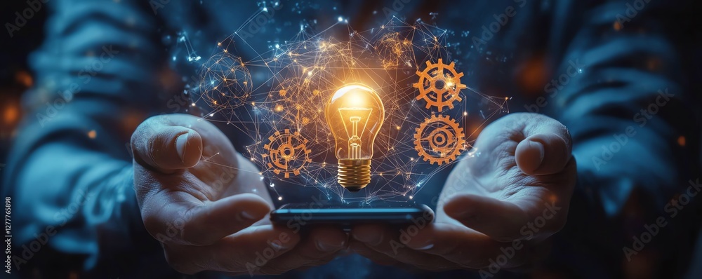 Poster business solutions and automation represented by a man holding a lightbulb, smartphone, and a networ