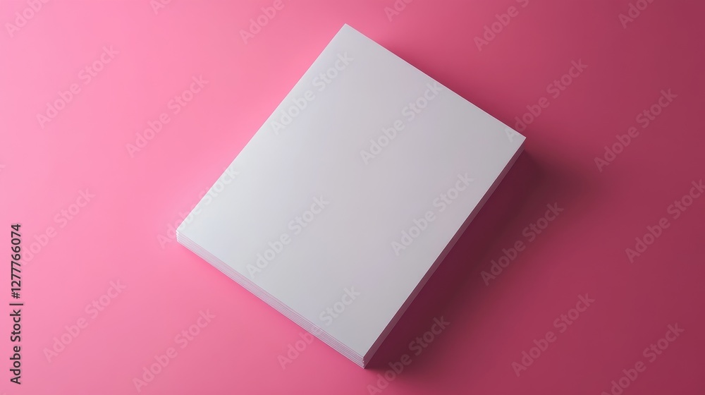 Poster Simple and clean, a blank notepad with white sheets resting on a pink background, providing space for text or design.