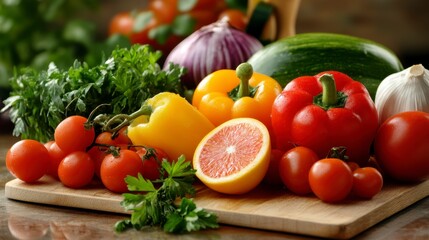 Fresh Vegetables Arrangement on Wood Surface, Culinary Still Life
