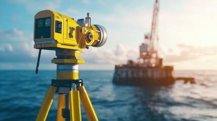 Yellow Surveying Equipment on Ocean with Oil Rig in Background