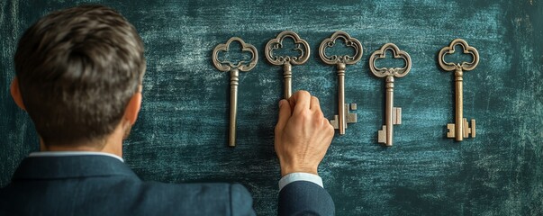 Consultant offering keys to success, drawing five keys on a chalkboard, symbolizing strategic solutions and business growth