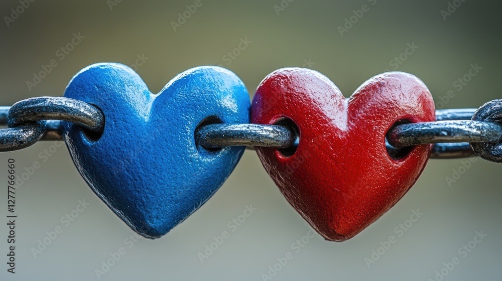 Poster two interlocking blue and red hearts on chains, symbolizing unity and love, set against a clean, min