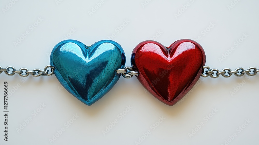 Poster two interlocking blue and red hearts on chains, symbolizing unity and love, set against a clean, min