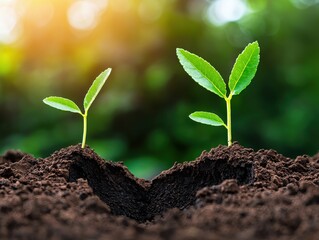 smart long investing growth stocks concept. Two young green plants emerging from rich soil, symbolizing growth and new beginnings in a natural environment.