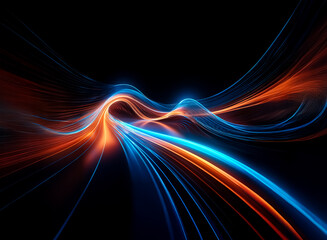 Abstract depiction of flowing light trails in vivid orange and blue hues against a stark black backdrop, suggesting movement and energy.