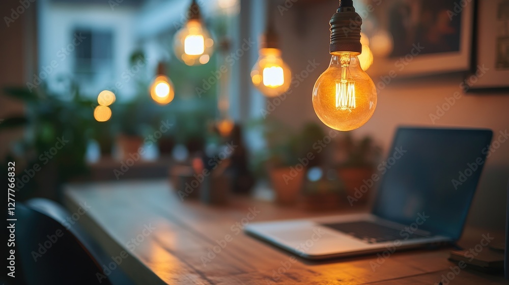 Poster warm light bulbs casting a gentle glow over a creative workspace, creating a comfortable and inspiri