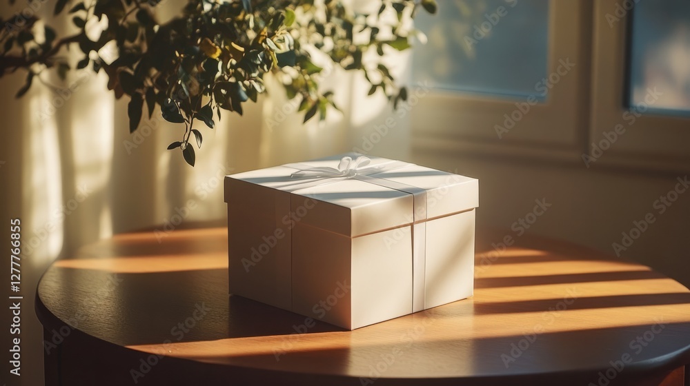 Poster a plain gift box placed on a minimalistic table, with soft lighting and shadows emphasizing simplici