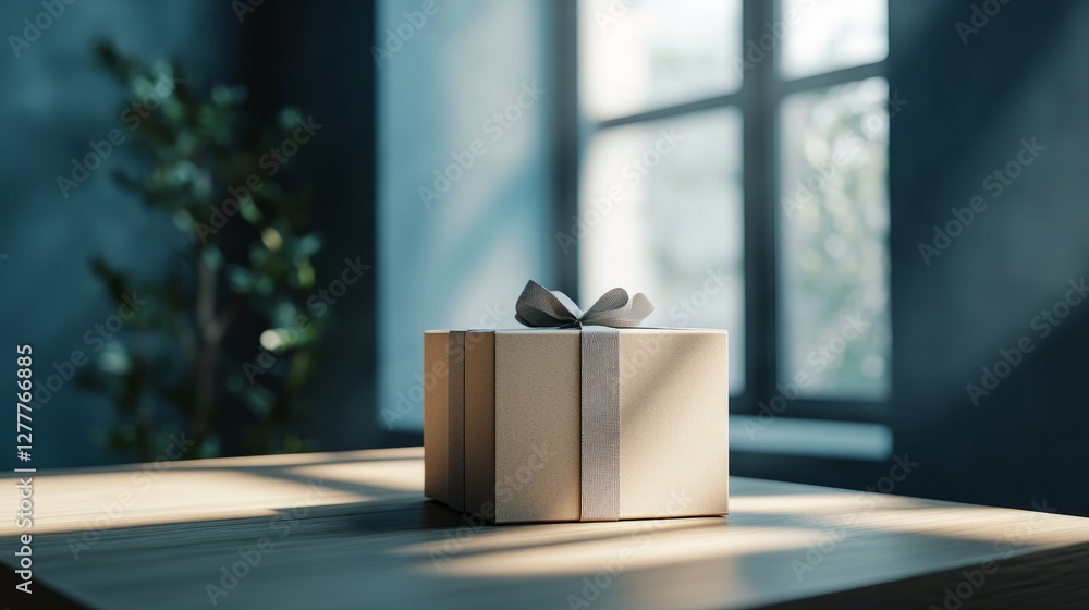 Poster a plain gift box placed on a minimalistic table, with soft lighting and shadows emphasizing simplici