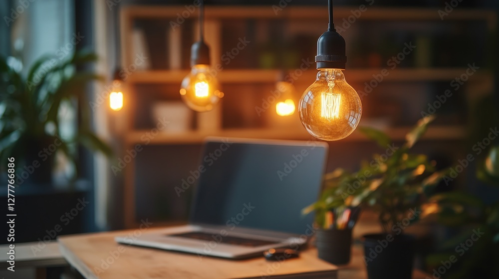 Poster warm light bulbs casting a gentle glow over a creative workspace, creating a comfortable and inspiri