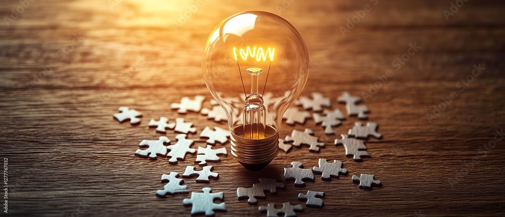 Poster Creative process represented by a light bulb drawn on a puzzle, with puzzle pieces on a wooden desk, symbolizing idea creation and problemsolving