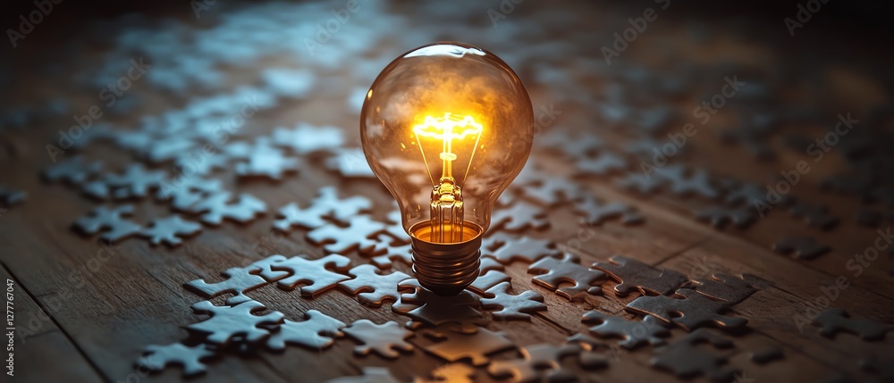 Poster Creative process represented by a light bulb drawn on a puzzle, with puzzle pieces on a wooden desk, symbolizing idea creation and problemsolving
