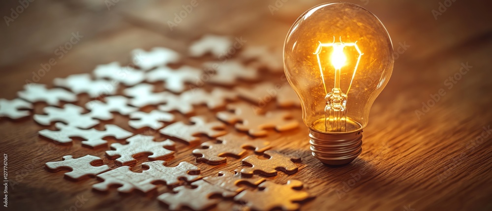 Poster Creative process represented by a light bulb drawn on a puzzle, with puzzle pieces on a wooden desk, symbolizing idea creation and problemsolving