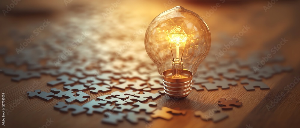 Poster creative process represented by a light bulb drawn on a puzzle, with puzzle pieces on a wooden desk,