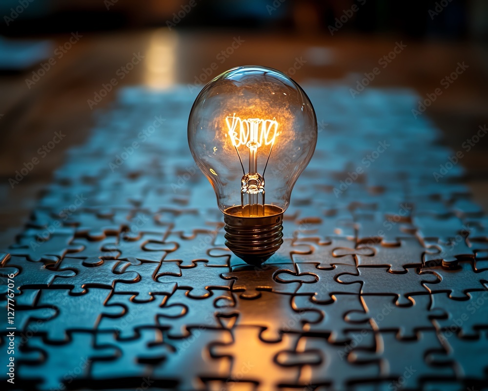 Poster creative thinking and idea generation with a light bulb on a puzzle, puzzle pieces on a wooden desk,