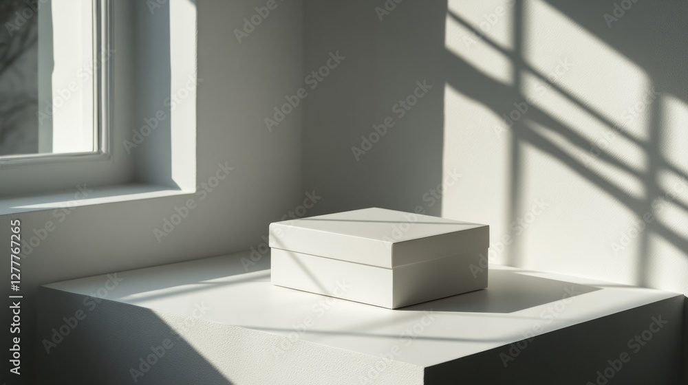 Poster a plain gift box placed on a minimalistic table, with soft lighting and shadows emphasizing simplici