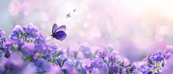 Fototapeta premium Delicate soft purple violet blooms with a fluttering butterfly on a softly blurred spring background.