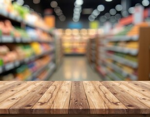 empty wooden table positioned in front of a blurred grocery store aisle, minimalist design with natural textures and serene ambiance, highlighting simplicity and focus in a retail environment