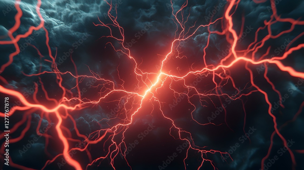 Poster the image shows a vibrant, stylized depiction of red lightning bolts branching out against a dark, s