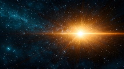 A brilliant, golden light bursts forth from the center of the image, its rays stretching across a dark expanse speckled with distant stars and nebulas.