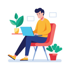 a boy is using his laptop vector	
