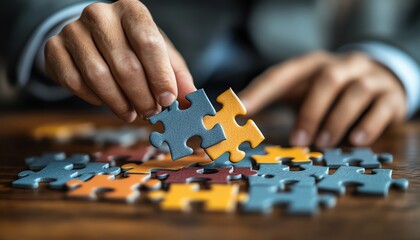 Human resource management leadership scene with a successful leader assembling a jigsaw puzzle on a wooden desk, symbolizing team building