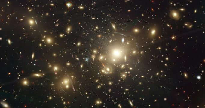 Wide shot of Abell 2218, a stunning galaxy cluster, bends light from distant galaxies through gravitational lensing, creating a mesmerizing deep-space view.