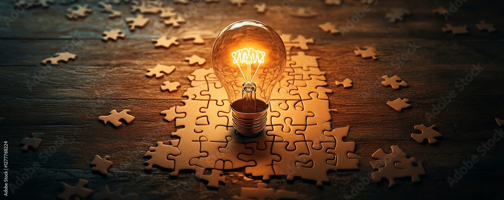 Poster Idea creation concept with a light bulb drawn on a puzzle, puzzle pieces on a wooden desk, representing the building blocks of innovation and creativity
