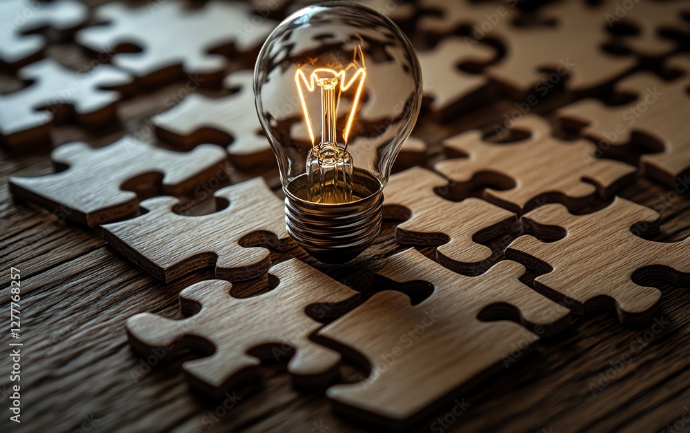 Poster Idea creation visualized with a light bulb drawn on a puzzle, puzzle pieces arranged on a wooden desk, representing the process of problemsolving and creativity