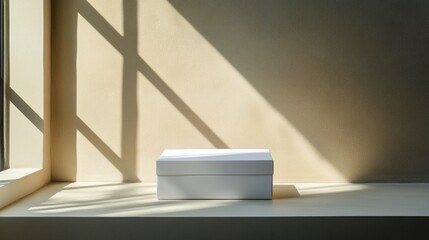 Fototapeta premium A simple, blank gift box on a minimalistic surface, focusing on clean lines, soft shadows, and modern design